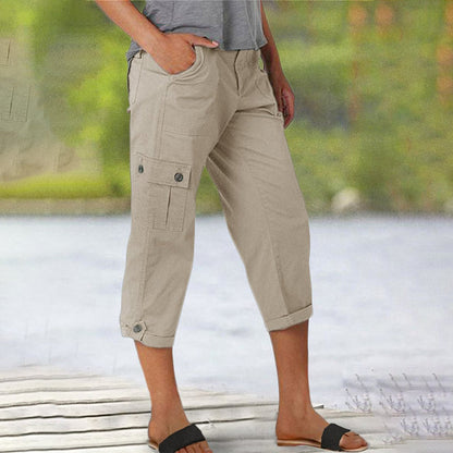 Multi-Pocket Solid Color Casual Cargo Capri Pants