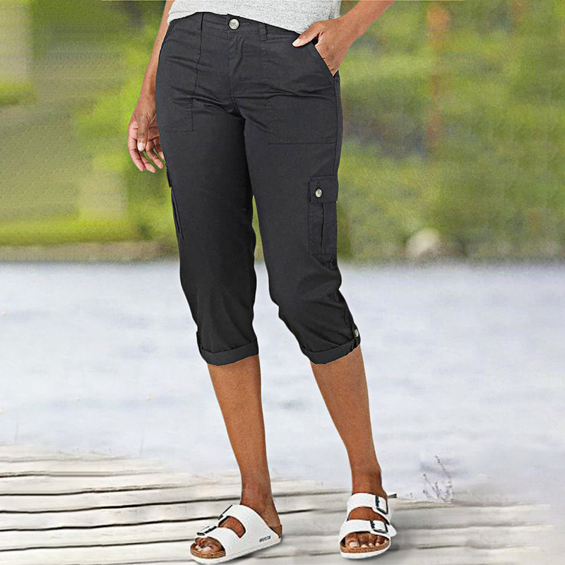 Multi-Pocket Solid Color Casual Cargo Capri Pants