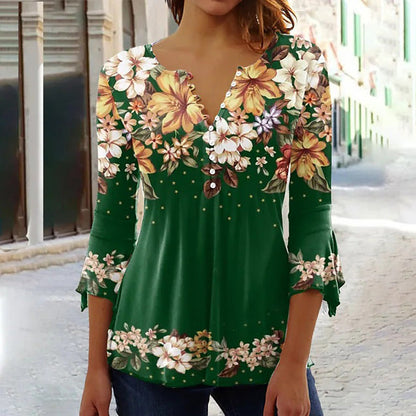 Women Elegant Floral Print V-Neck Top