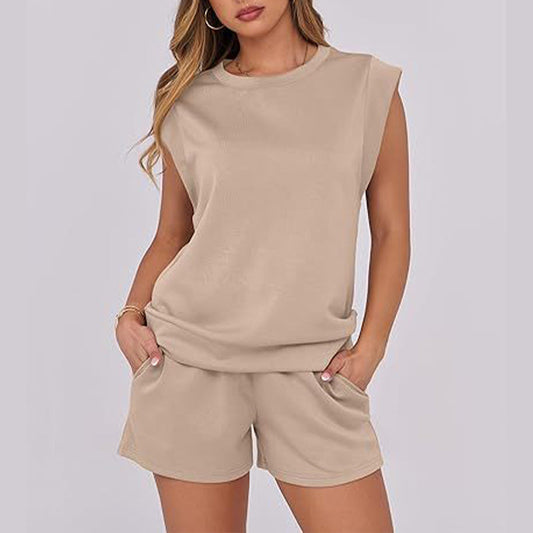 🌞Summer Sale 50% OFF🔥Women's Cap Sleeve Crewneck Top & Drawstring Shorts 2-Piece Set